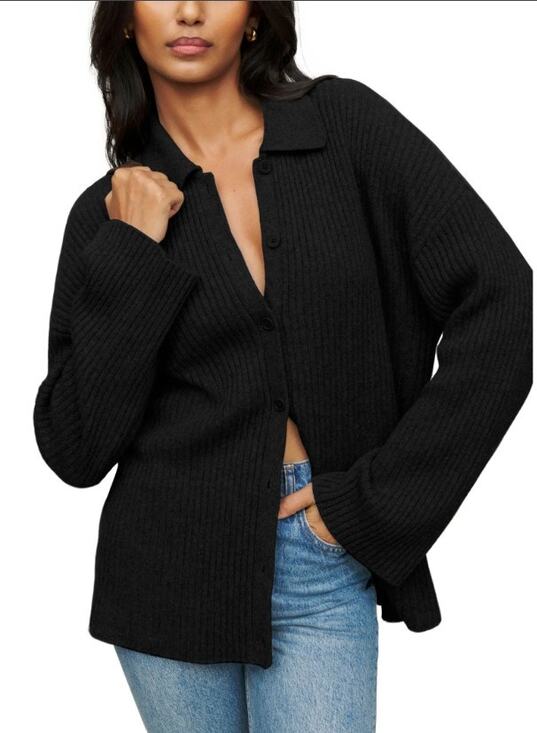 Reformation Sweaters - REFORMATION Fantino Black Ribbed Cashmere Button Collared Cardigan Sweater XS